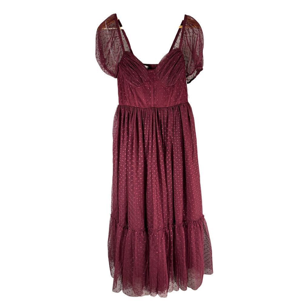 Lulus Sweet Amor Burgundy Tulle Swiss Dot Tiered Bustier Midi Dress